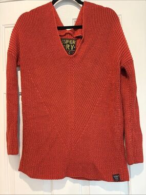 Superdry Coral-Red Chunky Knit Sweater with Embroidered Patch